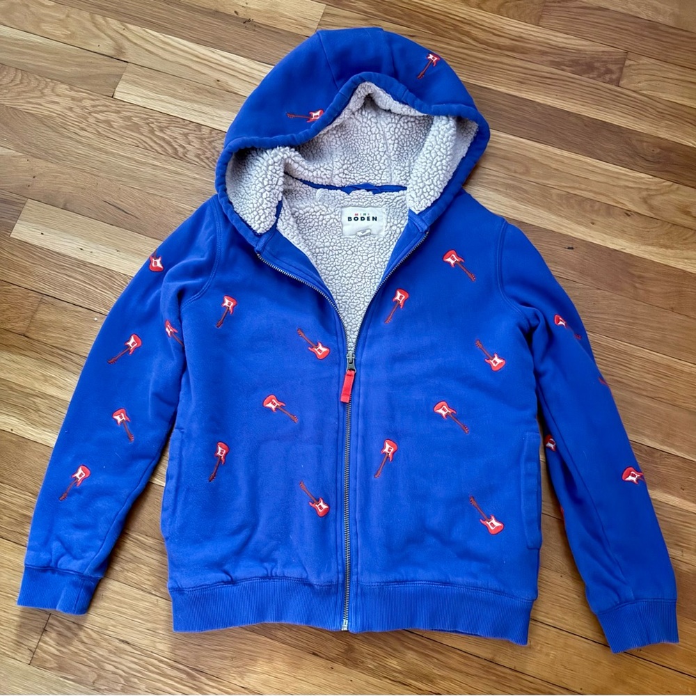 Mini Boden 11-12Y Blue Sherpa-Lined Full Zip Shaggy Hoodie w/Guitar Appliqués